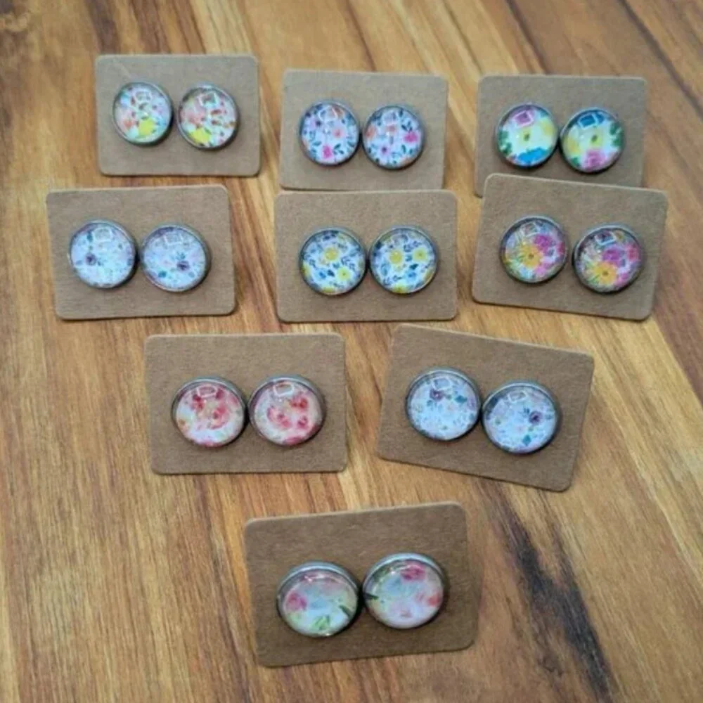 Wholesale Lot of 9 Pairs Floral Bohemian Resin Stud Earrings Glass Resin Everyda
